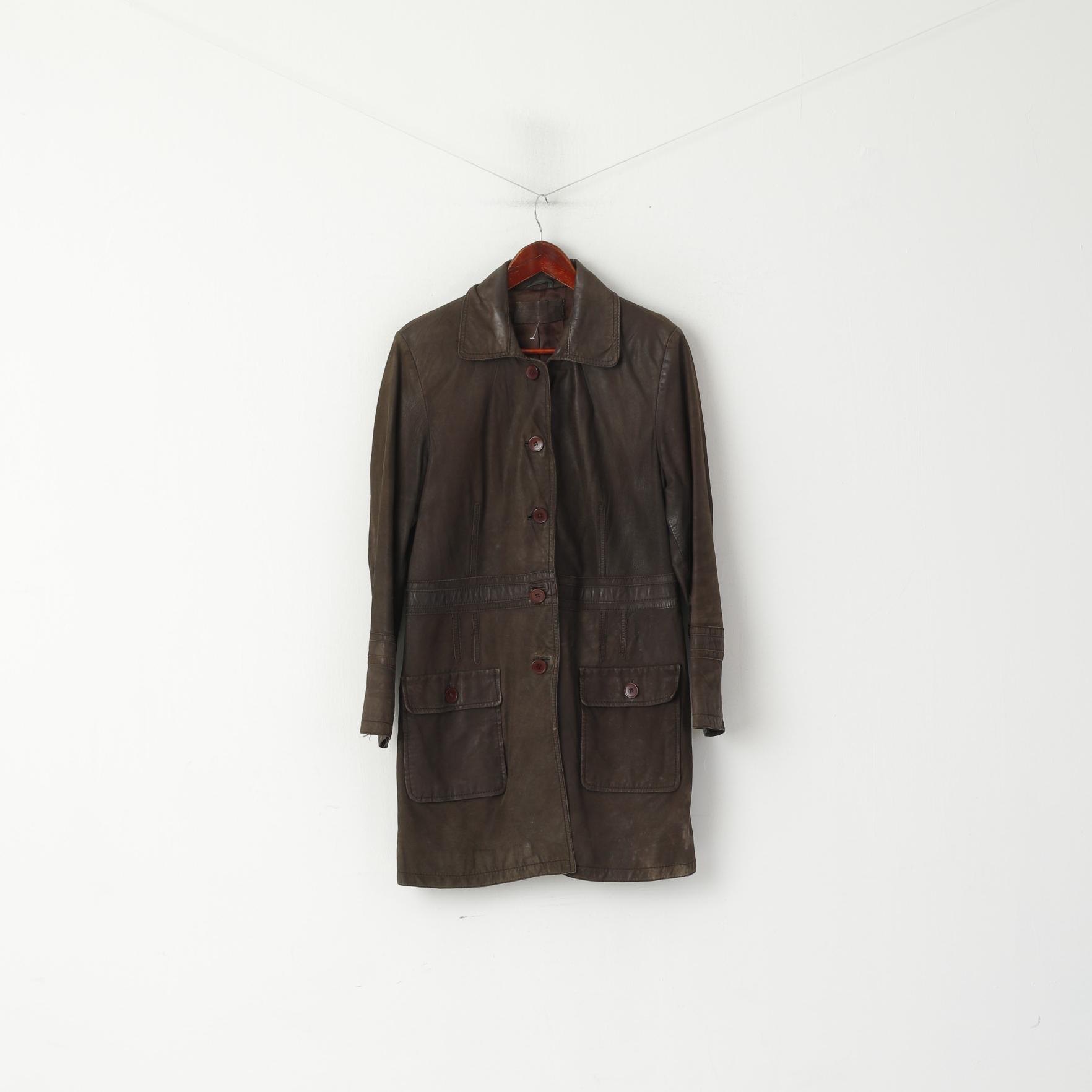 Brandtex Femmes 14 40 M Veste Marron Cuir Souple Simple Boutonnage Haut Vintage