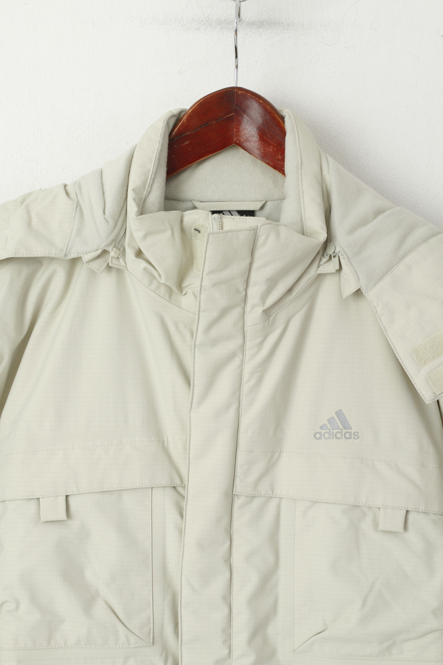 Adidas Veste Homme Beige Nylon Capuche Amovible Fermeture Éclair Complète Doublée Imperméable