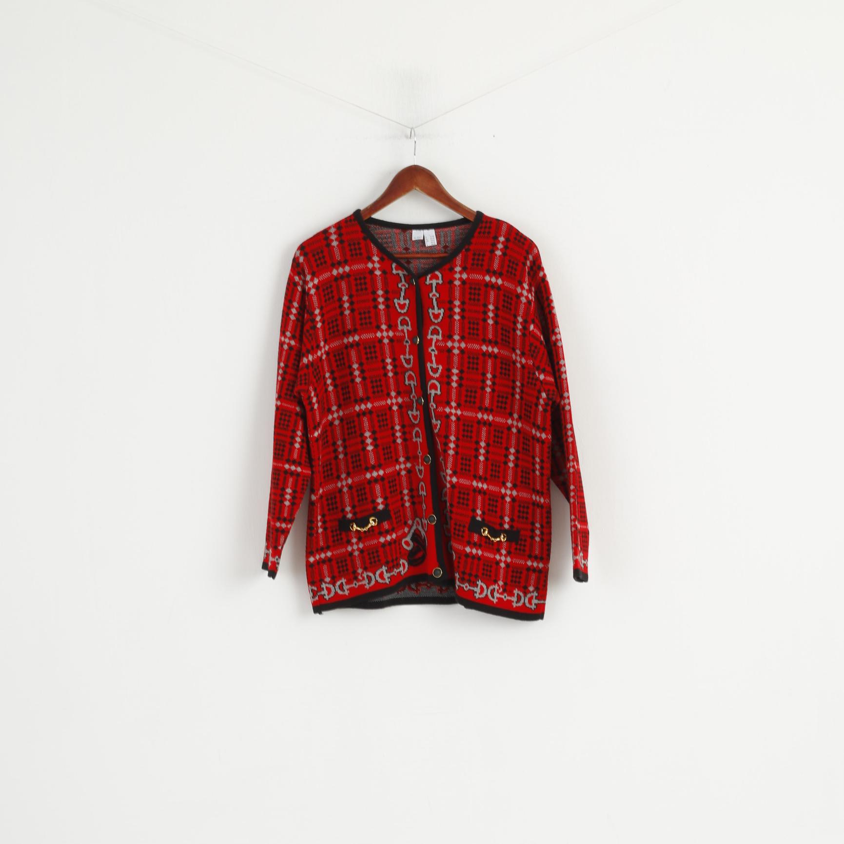 vintage Femmes 18/20 XXL Bouton Avant Cardigan Rouge Laine Boutons Or Italie Pull