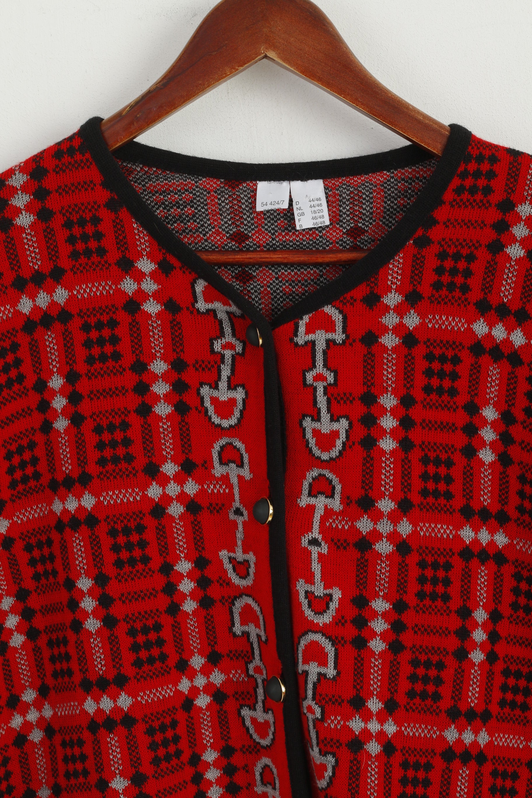 vintage Femmes 18/20 XXL Bouton Avant Cardigan Rouge Laine Boutons Or Italie Pull