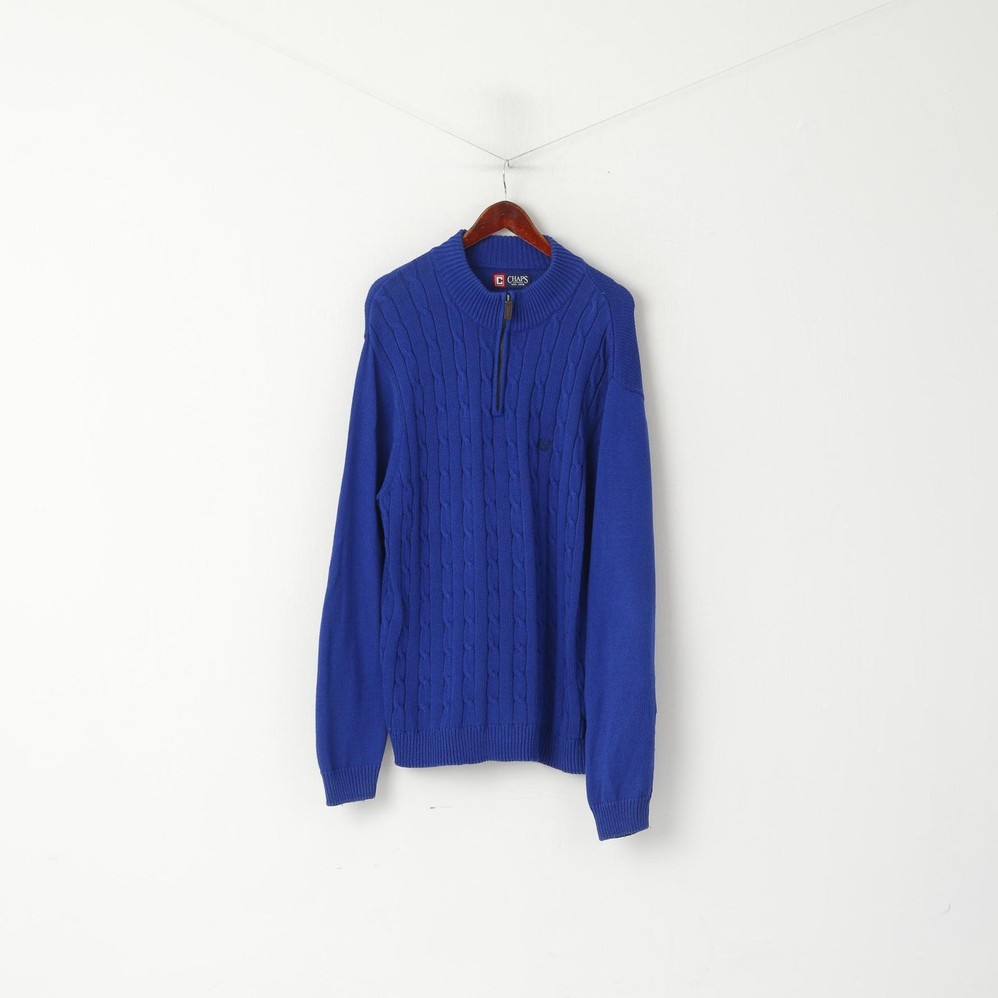 CHAPS Men XL Jumper Blue Cobalt Cotton Cable Knit Zip Neck Classic Sweater