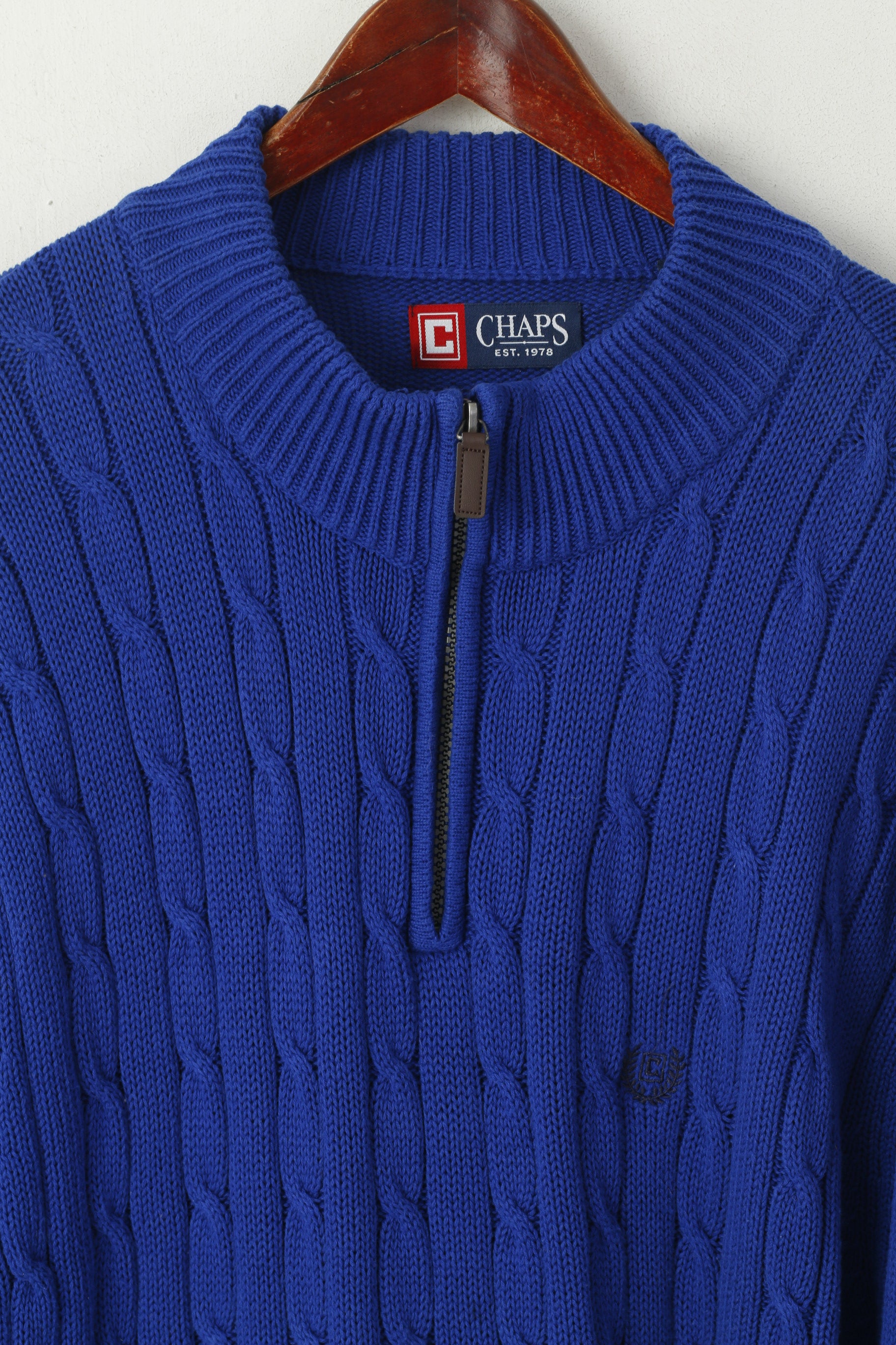 CHAPS Homme XL Pull Bleu Cobalt Coton Torsadé Col Zippé Pull Classique