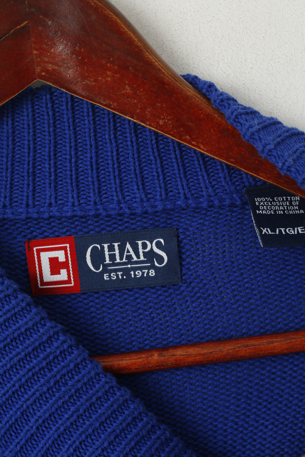 CHAPS Men XL Jumper Blue Cobalt Cotton Cable Knit Zip Neck Classic Sweater