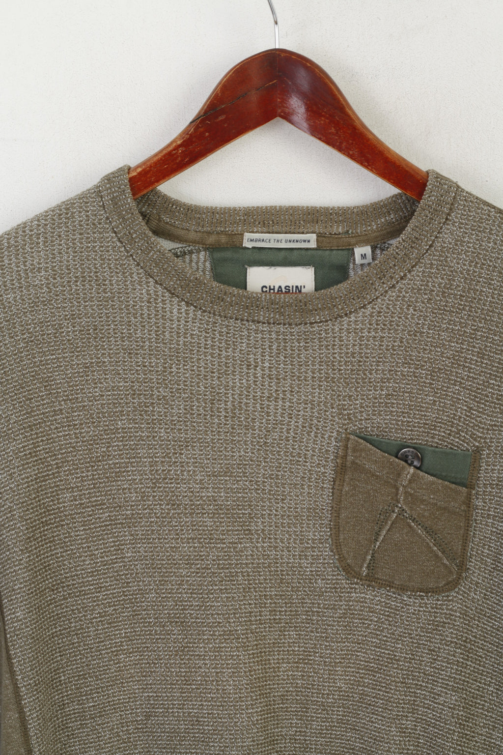 Chasin Men M Jumper Green Cotton Classic Unseen Style Crew Neck Pocket Sweater