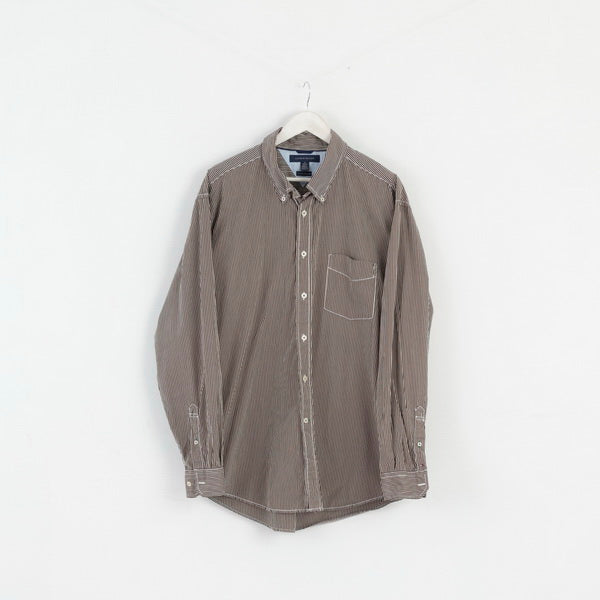 Tommy Hilfiger Mens XL (2XL) Casual Shirt Brown Striped 80' Two Ply Cotton Long Sleeve Top