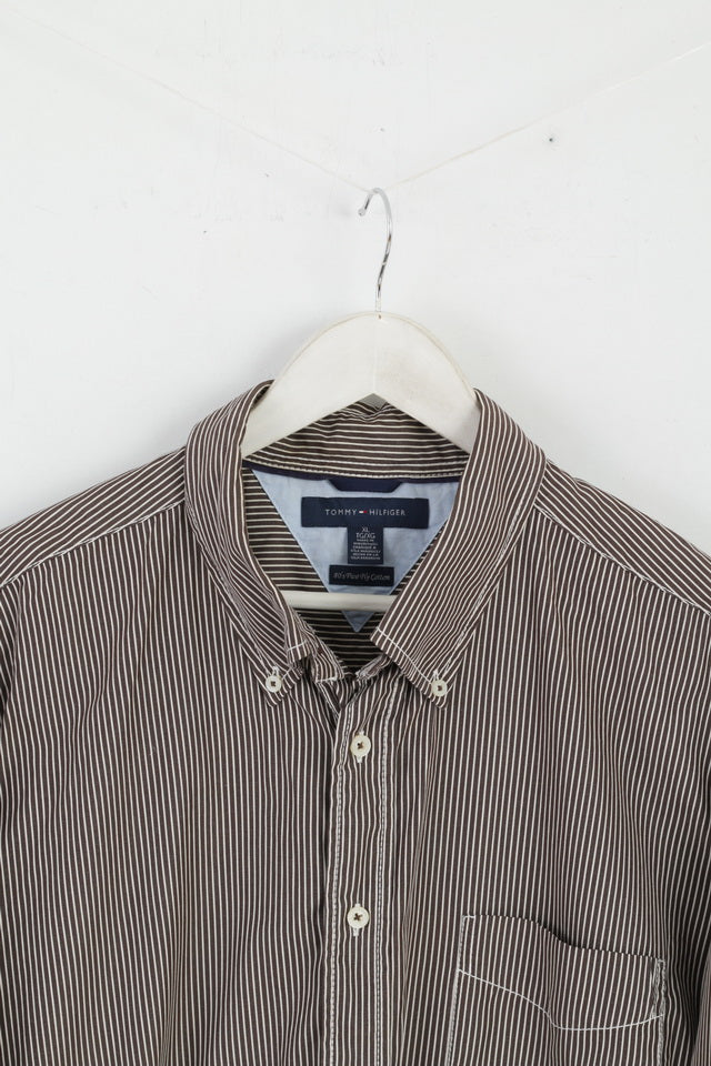 Tommy Hilfiger Mens XL (2XL) Casual Shirt Brown Striped 80' Two Ply Cotton Long Sleeve Top