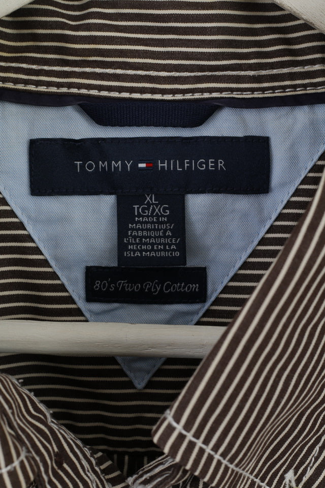 Tommy Hilfiger Mens XL (2XL) Casual Shirt Brown Striped 80' Two Ply Cotton Long Sleeve Top