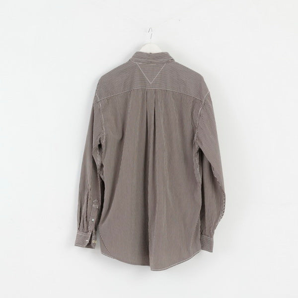 Tommy Hilfiger Mens XL (2XL) Casual Shirt Brown Striped 80' Two Ply Cotton Long Sleeve Top