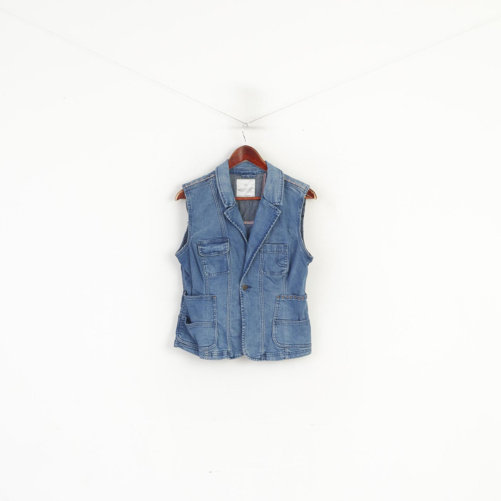 Culture Women 40 M Waistcoat Blue Denim Jeans Cotton Pockets Boho Vest Top