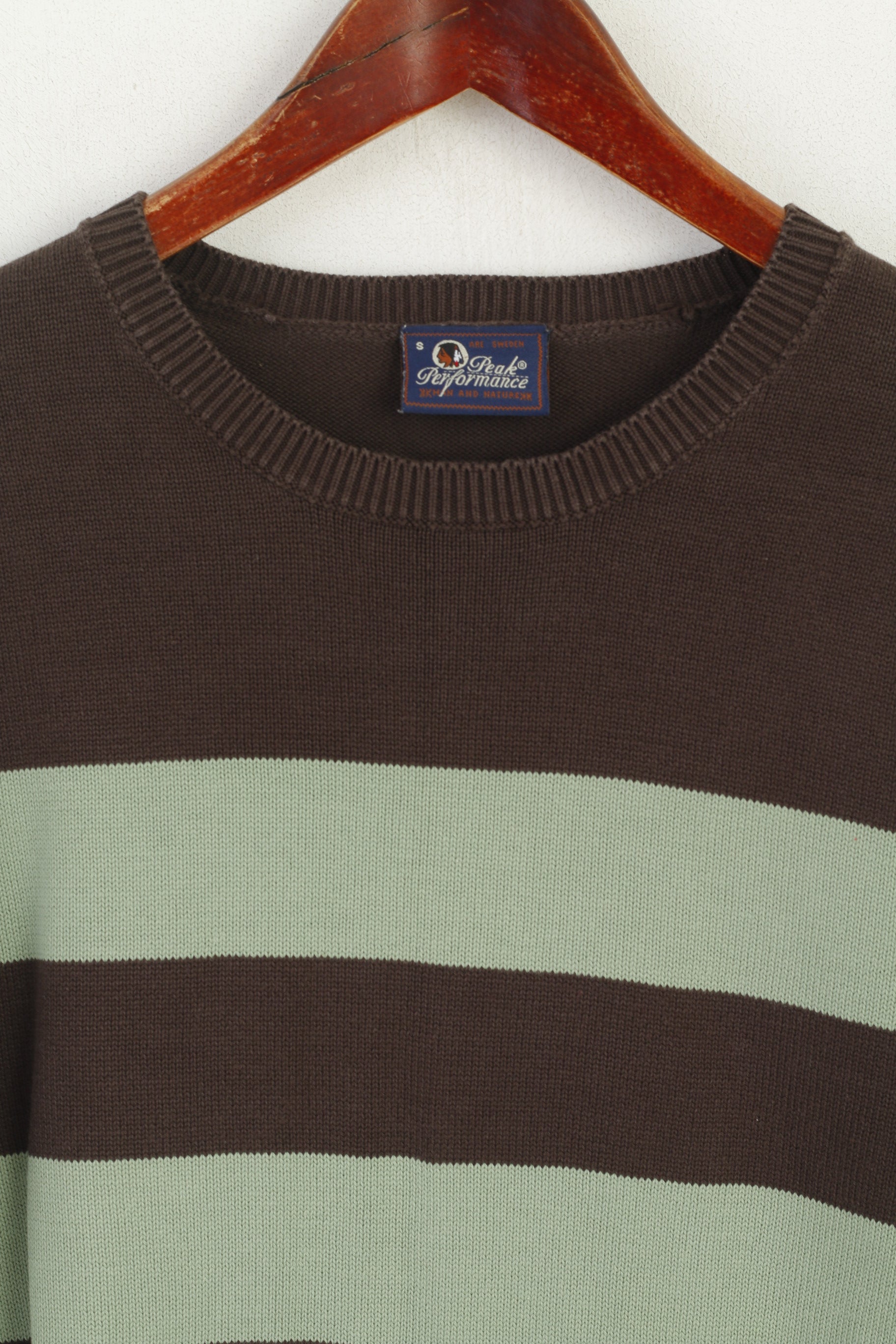 Peak Performance Men S Jumper Brown Green Cotton Striped Crew Neck Sweater