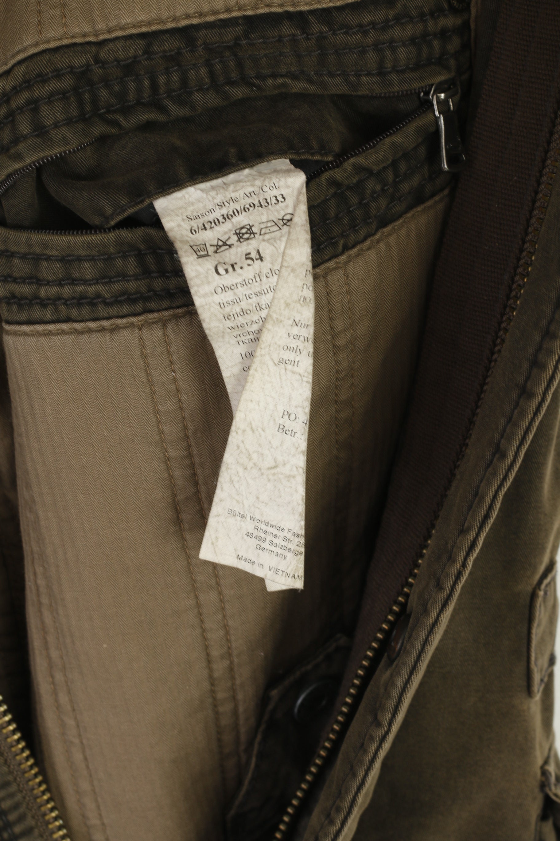 Camel Active Hommes 54 L Veste Vert Rembourré Coton Parka Fermeture Éclair À Capuche Cachée Haut En Jean