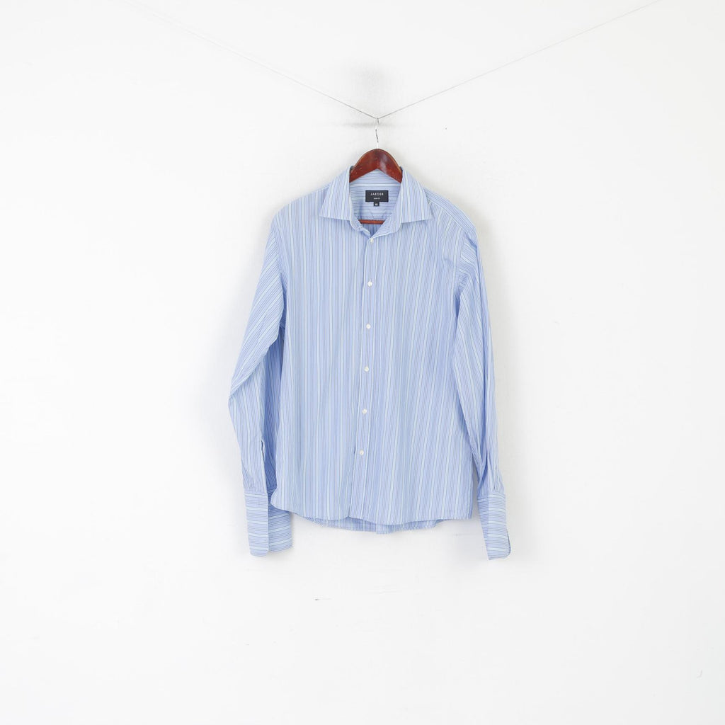 Jaeger Men 16.5 L Casual Shirt Blue Striped Cotton Slim Fit Long Sleeve Cuff Top