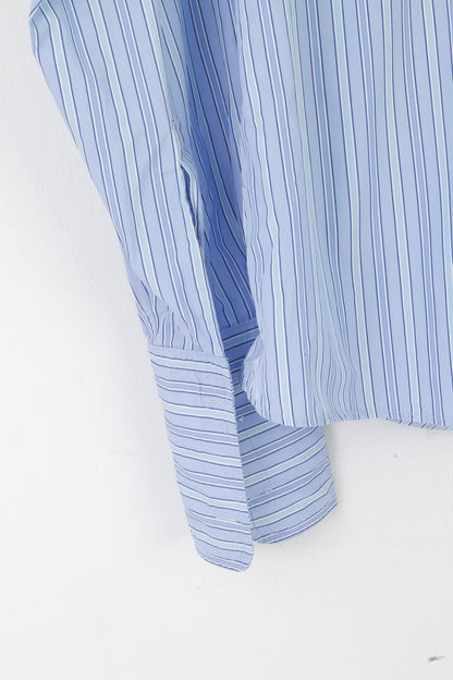 Jaeger Men 16.5 L Casual Shirt Blue Striped Cotton Slim Fit Long Sleeve Cuff Top