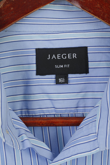 Jaeger Hommes 16,5 L Chemise décontractée Bleu Rayé Coton Slim Fit Manches Longues Revers Haut