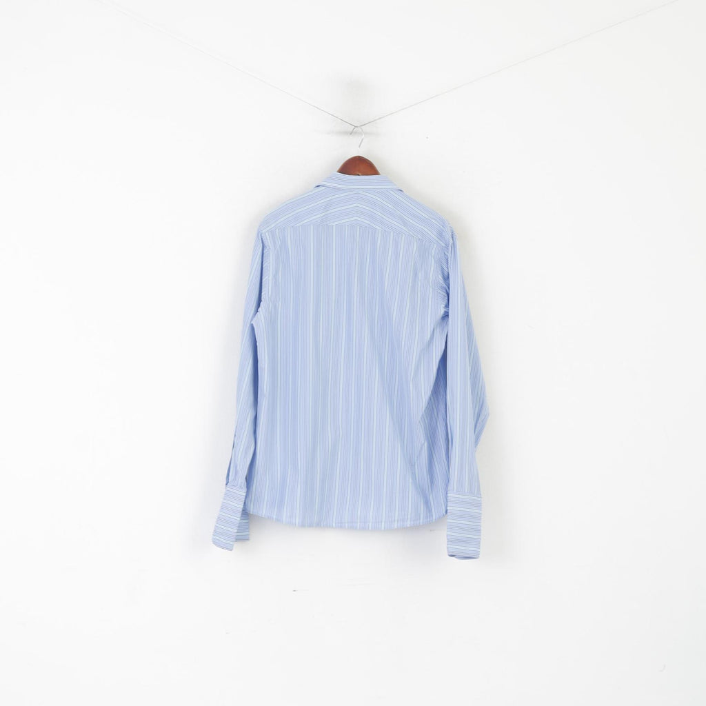 Jaeger Men 16.5 L Casual Shirt Blue Striped Cotton Slim Fit Long Sleeve Cuff Top