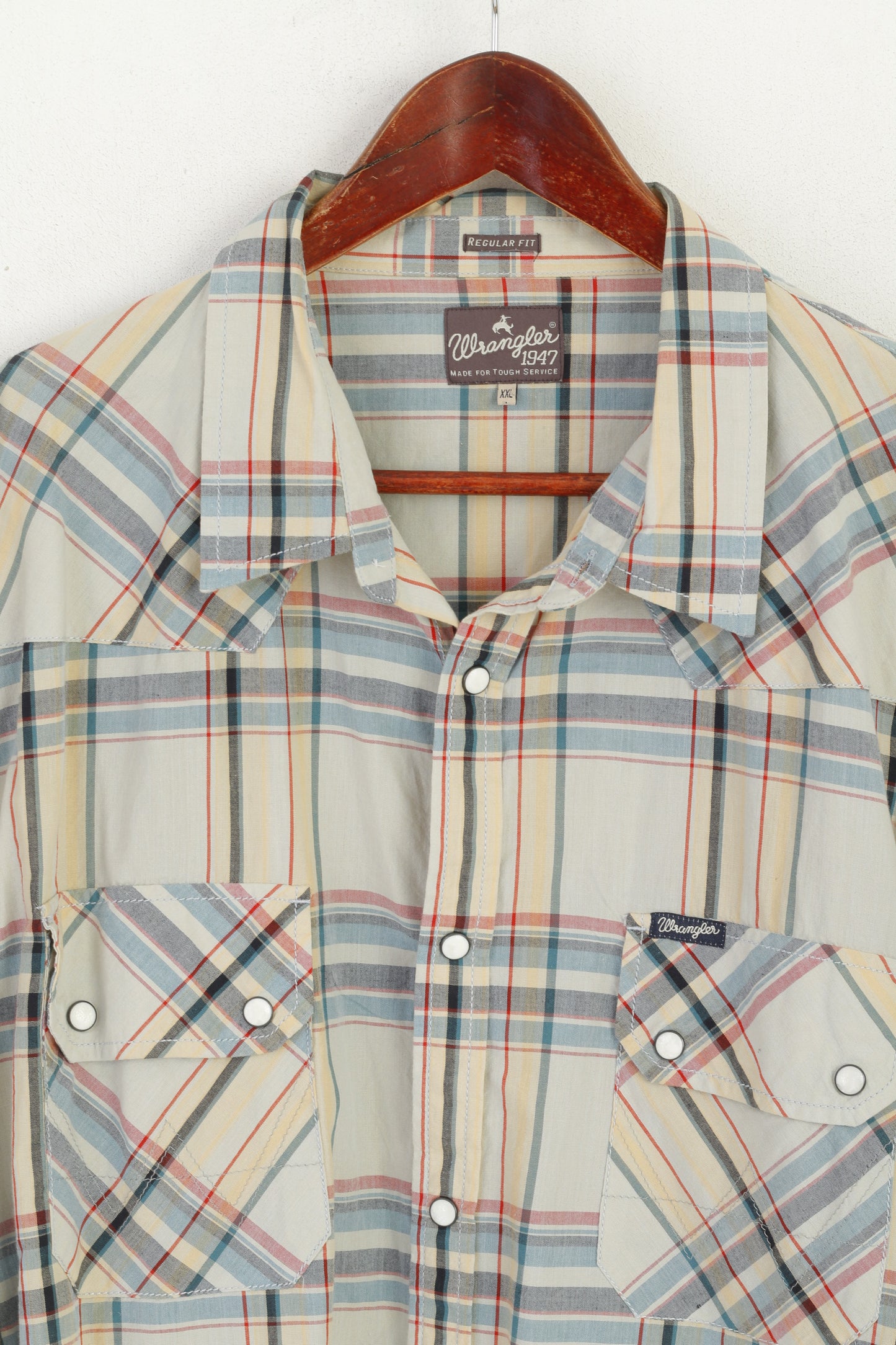 Wrangler Men XXL Casual Shirt Beige Cotton Check Western Long Sleeve Top