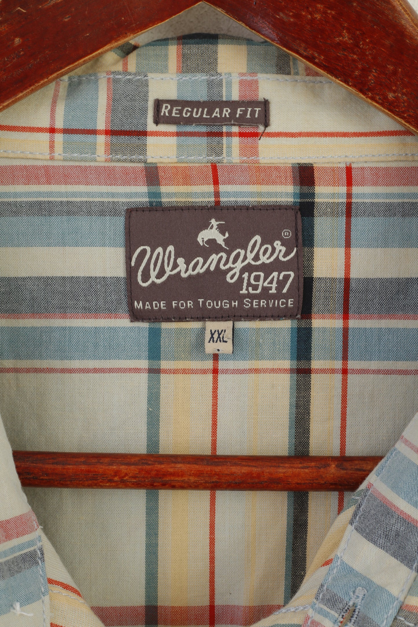 Wrangler Men XXL Casual Shirt Beige Cotton Check Western Long Sleeve Top