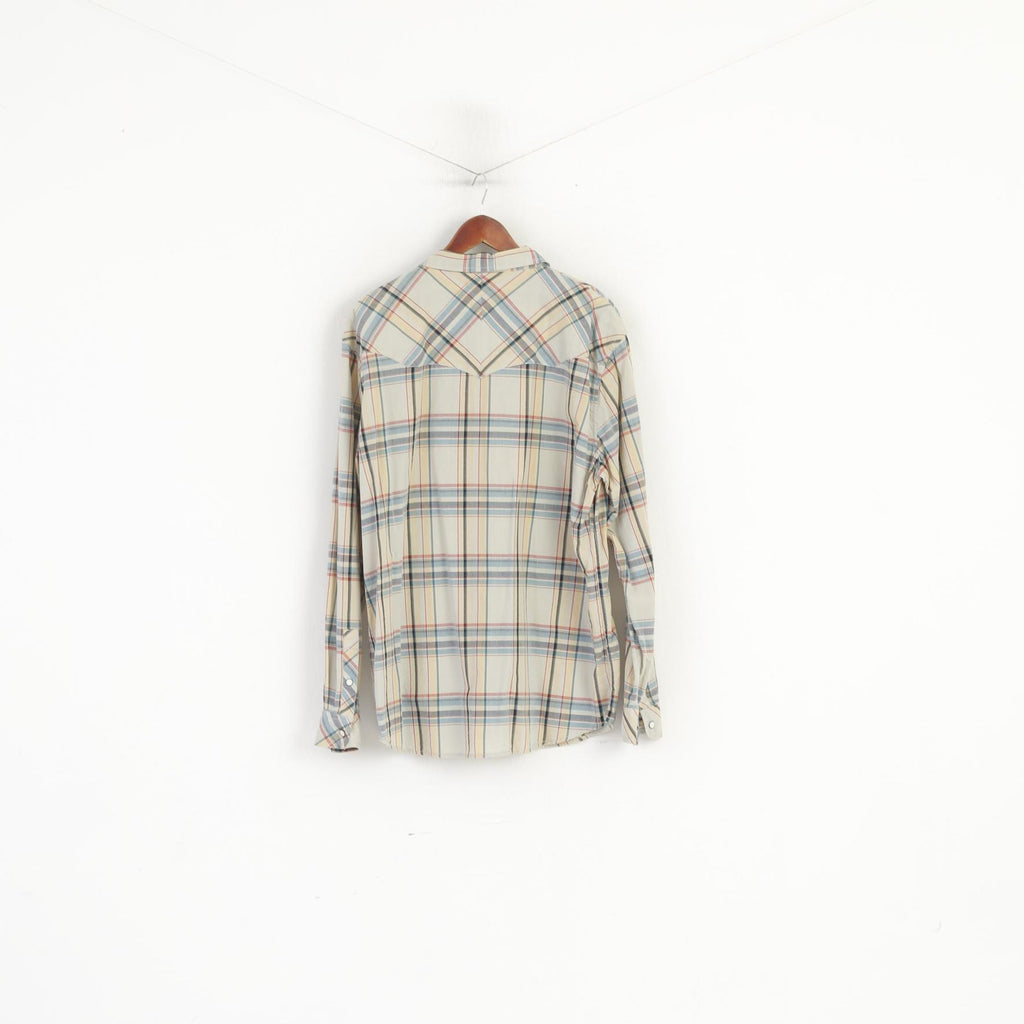 Wrangler Men XXL Casual Shirt Beige Cotton Check Western Long Sleeve Top
