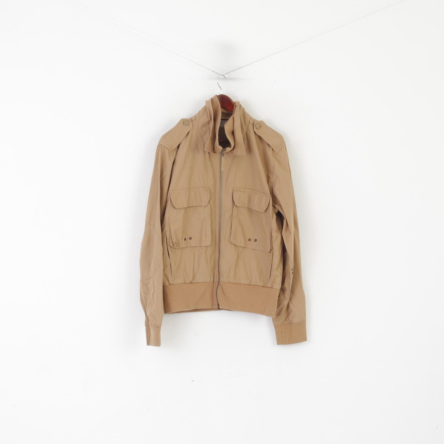 Hilfiger Denim Hommes L (M) Veste Marron Coton Col Entonnoir Fermeture Éclair Complète Haut Léger