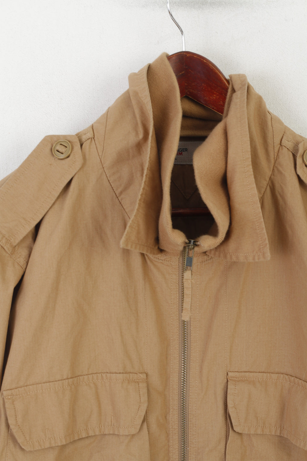 Hilfiger Denim Hommes L (M) Veste Marron Coton Col Entonnoir Fermeture Éclair Complète Haut Léger