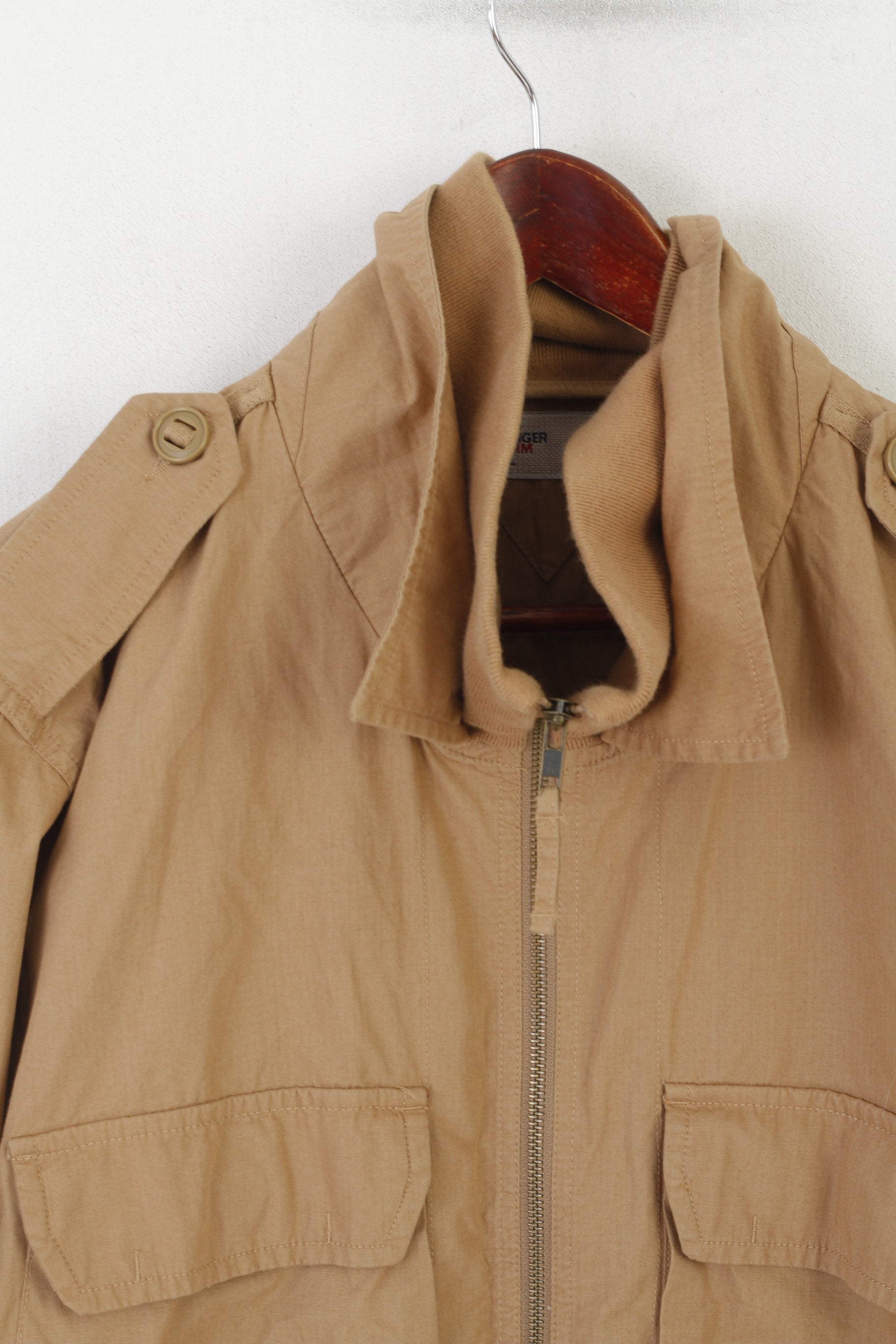 Hilfiger Denim Hommes L (M) Veste Marron Coton Col Entonnoir Fermeture Éclair Complète Haut Léger