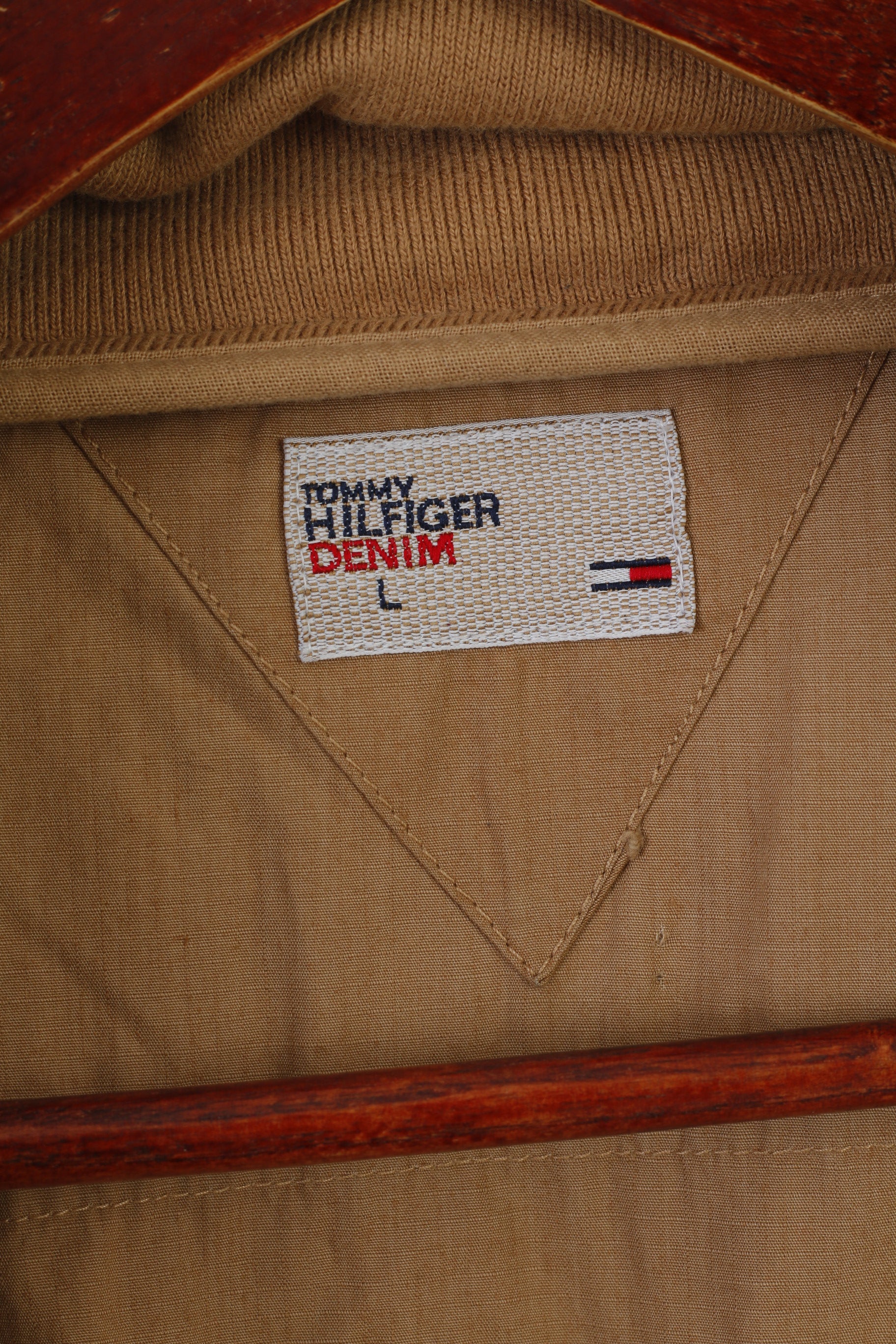 Hilfiger Denim Hommes L (M) Veste Marron Coton Col Entonnoir Fermeture Éclair Complète Haut Léger