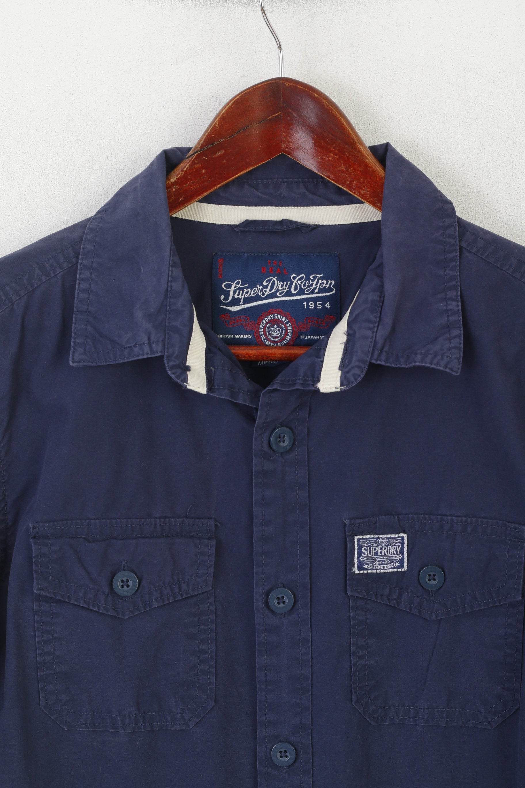 Superdry Men M Casual Shirt Navy Cotton Japan Spirit Long Sleeve Pocket Top