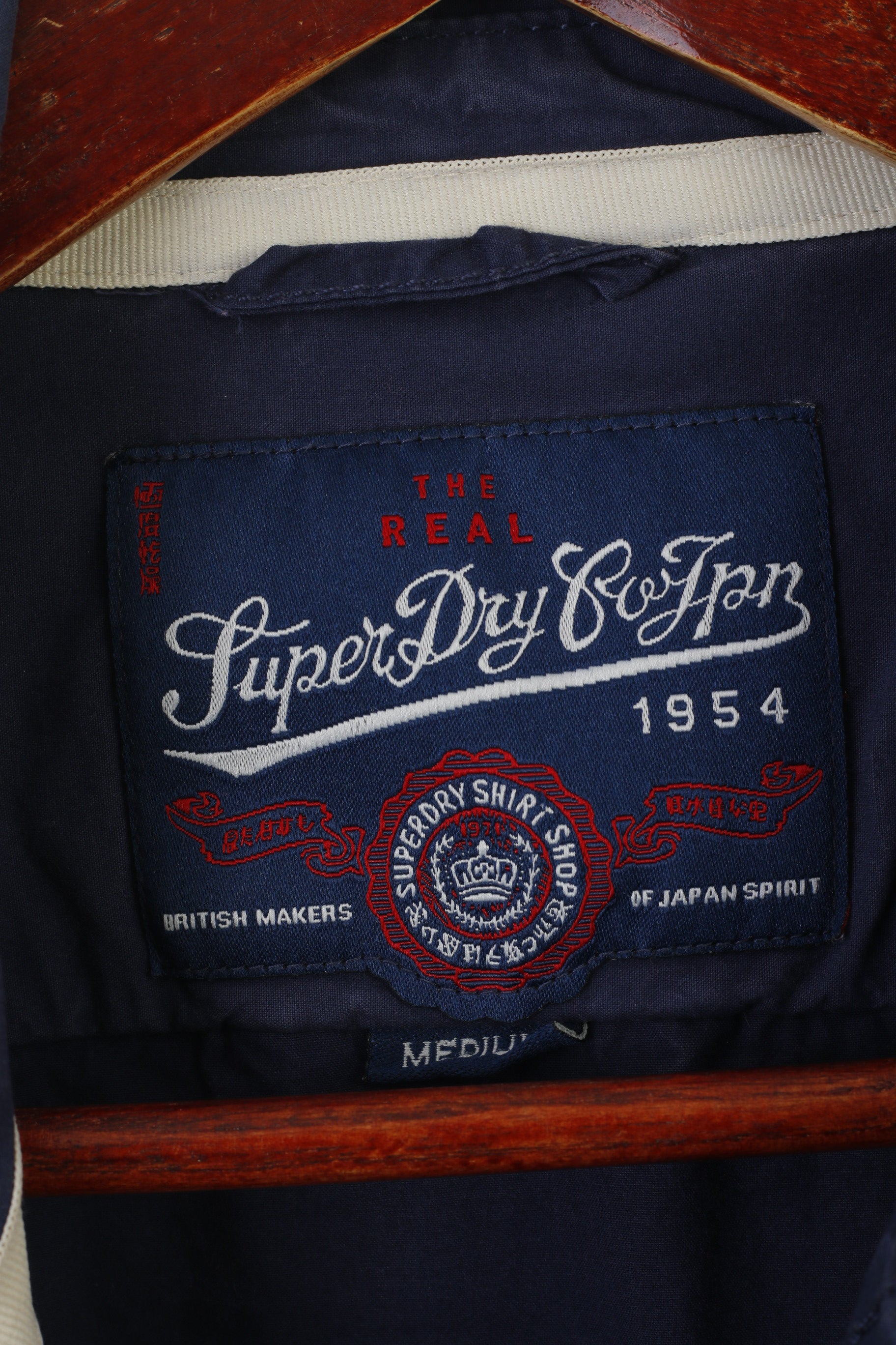 Superdry Men M Casual Shirt Navy Cotton Japan Spirit Long Sleeve Pocket Top