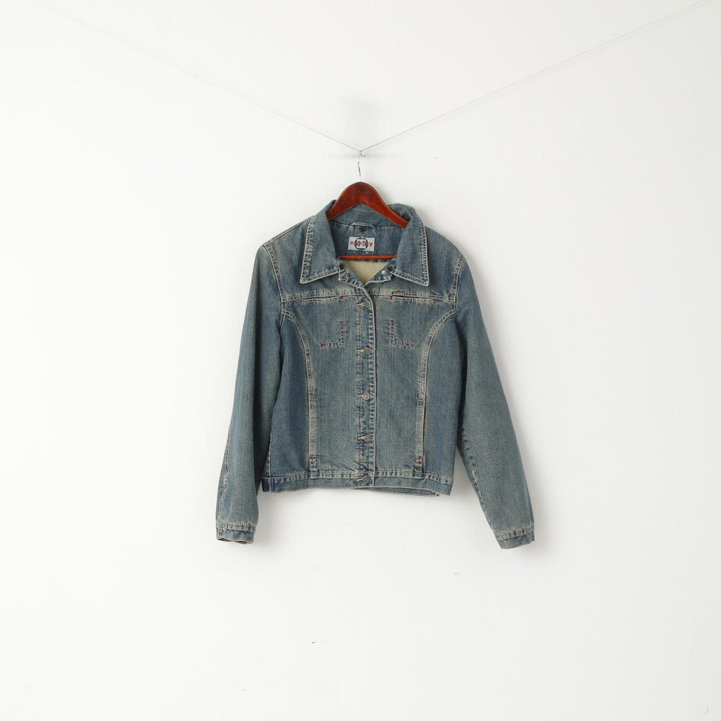 Giacca da donna Enemy M in cotone blu Jeans denim Foderato in pelliccia Top monopetto retrò