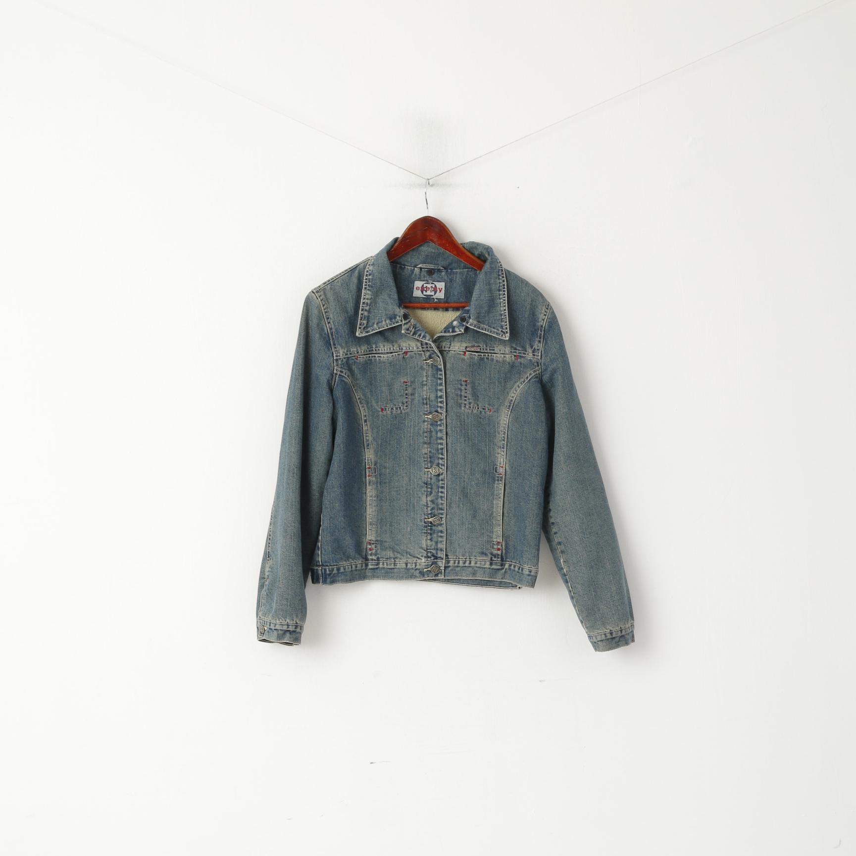 Giacca da donna Enemy M in cotone blu Jeans denim Foderato in pelliccia Top monopetto retrò