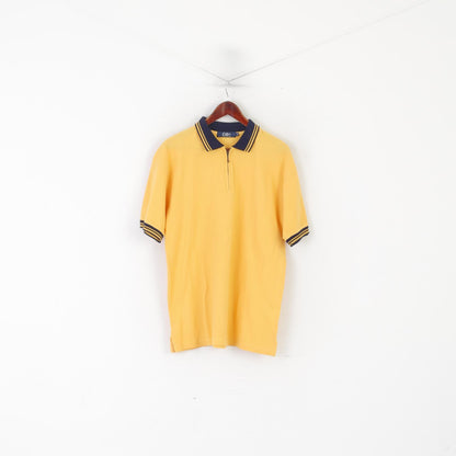 Cotton Traders Men M Polo Shirt Yellow Cotton Vintage Zip Neck Classic Sport Top