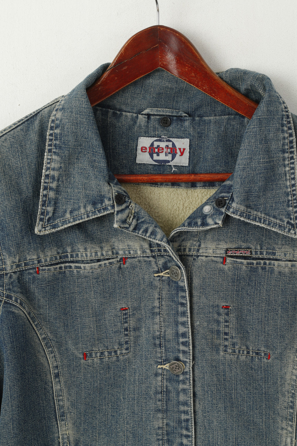 Giacca da donna Enemy M in cotone blu Jeans denim Foderato in pelliccia Top monopetto retrò