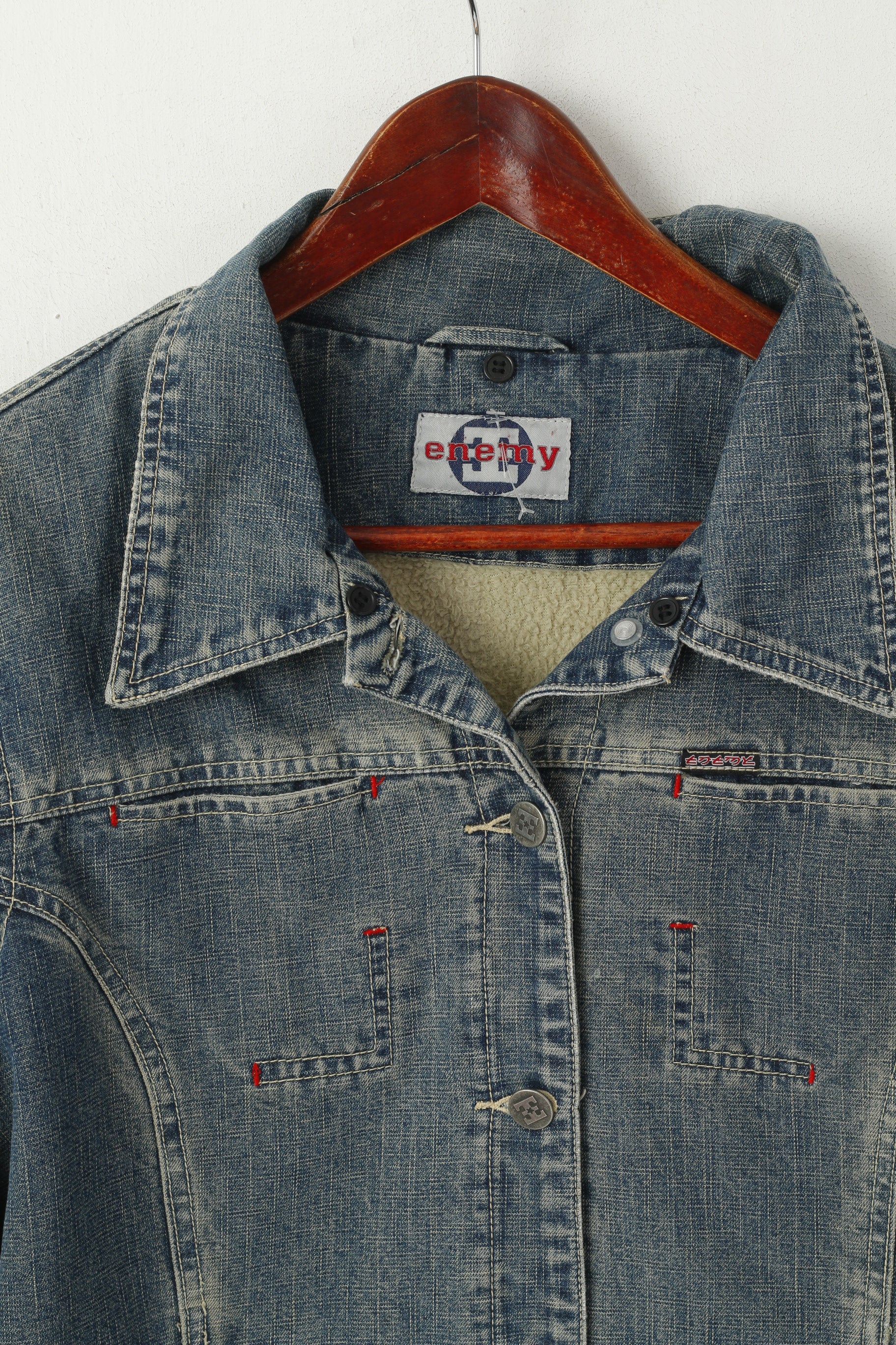 Giacca da donna Enemy M in cotone blu Jeans denim Foderato in pelliccia Top monopetto retrò