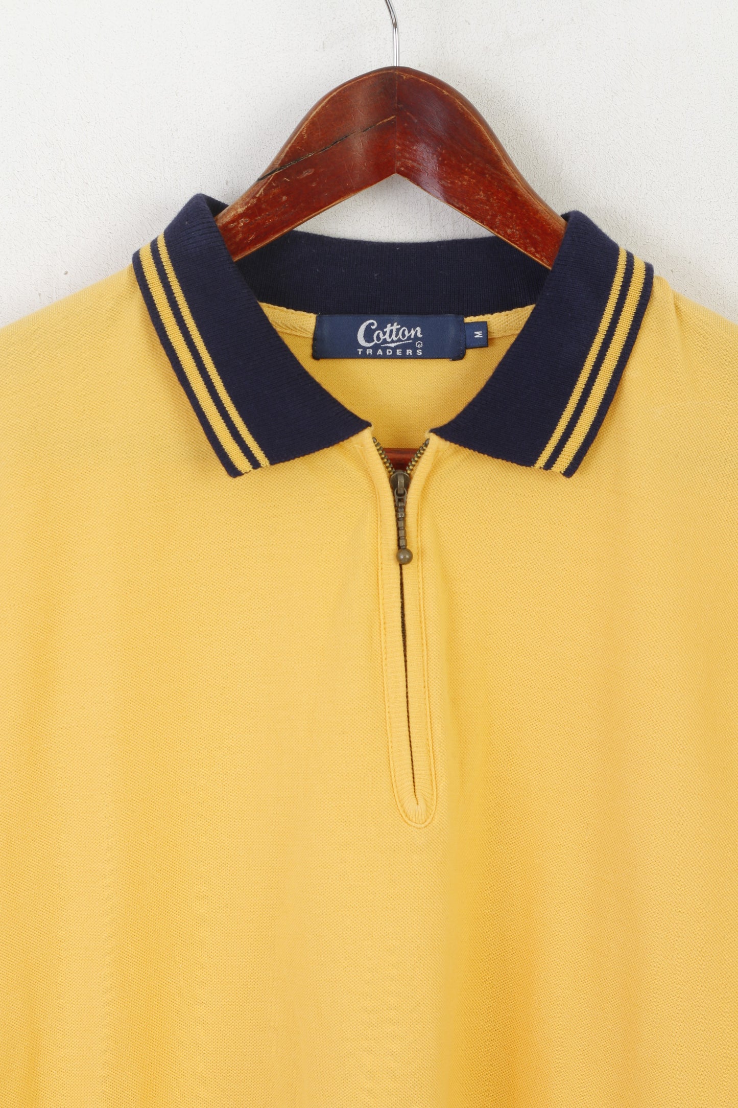 Cotton Traders Men M Polo Shirt Yellow Cotton Vintage Zip Neck Classic Sport Top