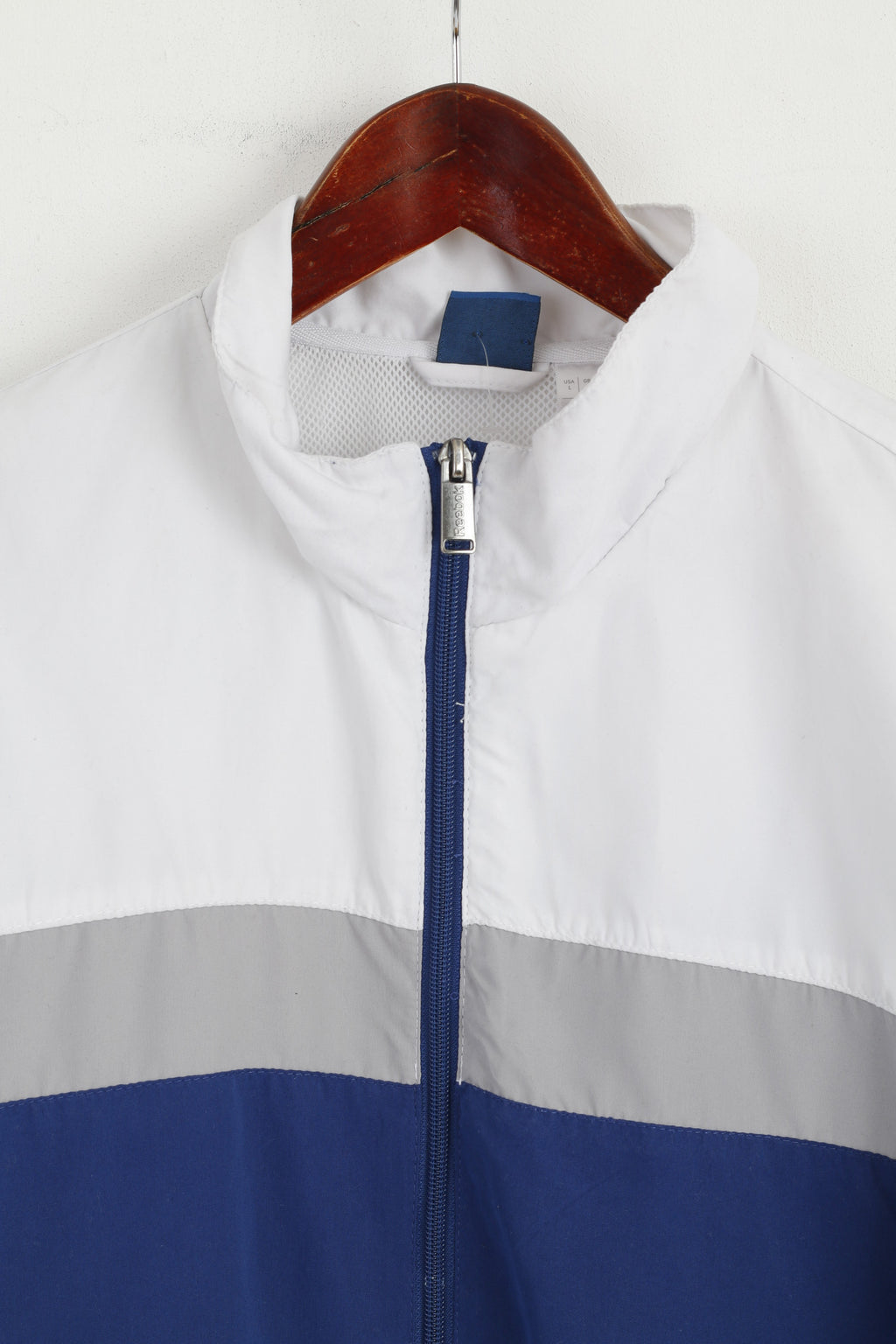 Reebok Men L Jacket White Blue Bomber Mesh Lined Zip Up Lightweight Active Sport Top