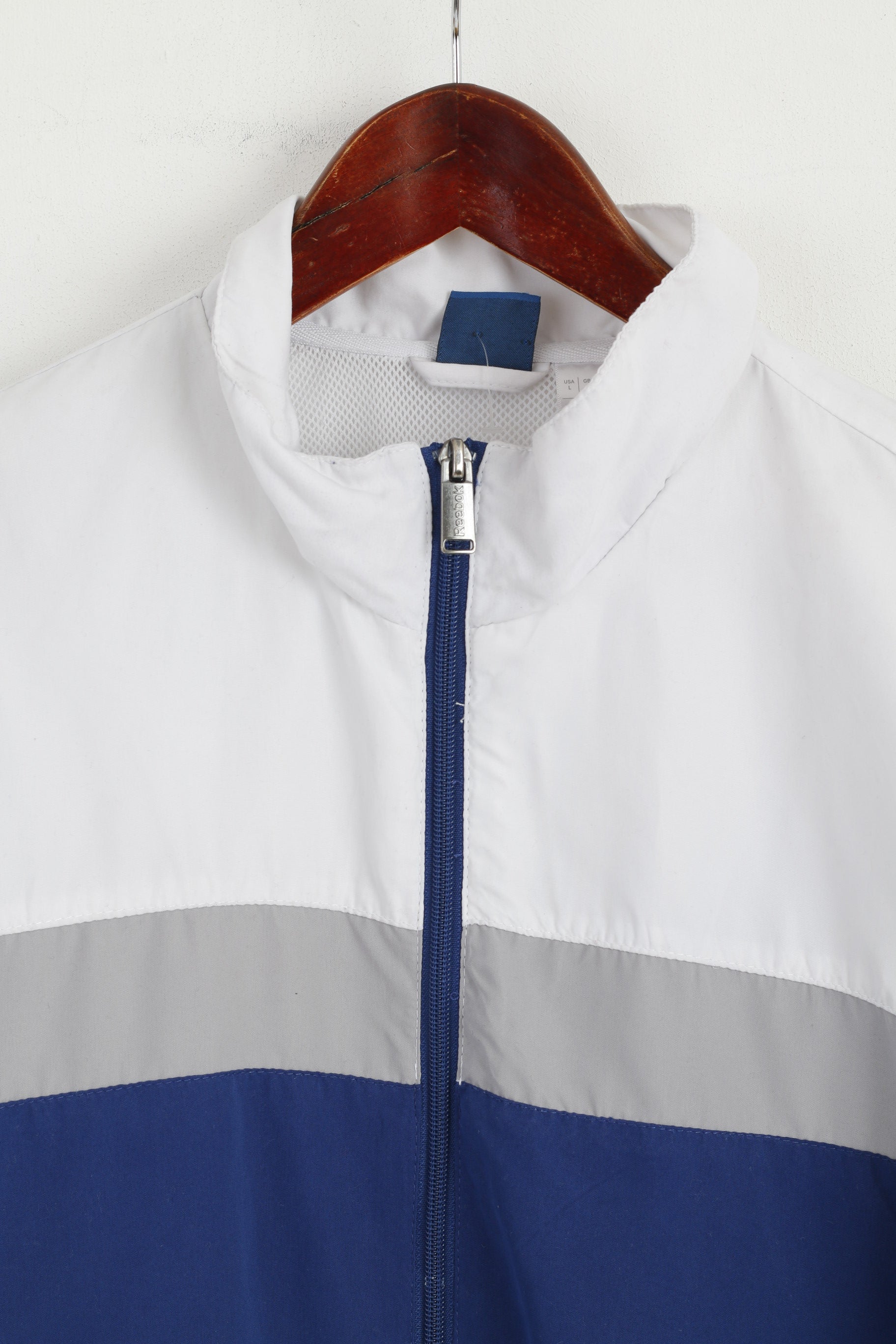 Reebok Men L Jacket White Blue Bomber Mesh Lined Zip Up Lightweight Active Sport Top