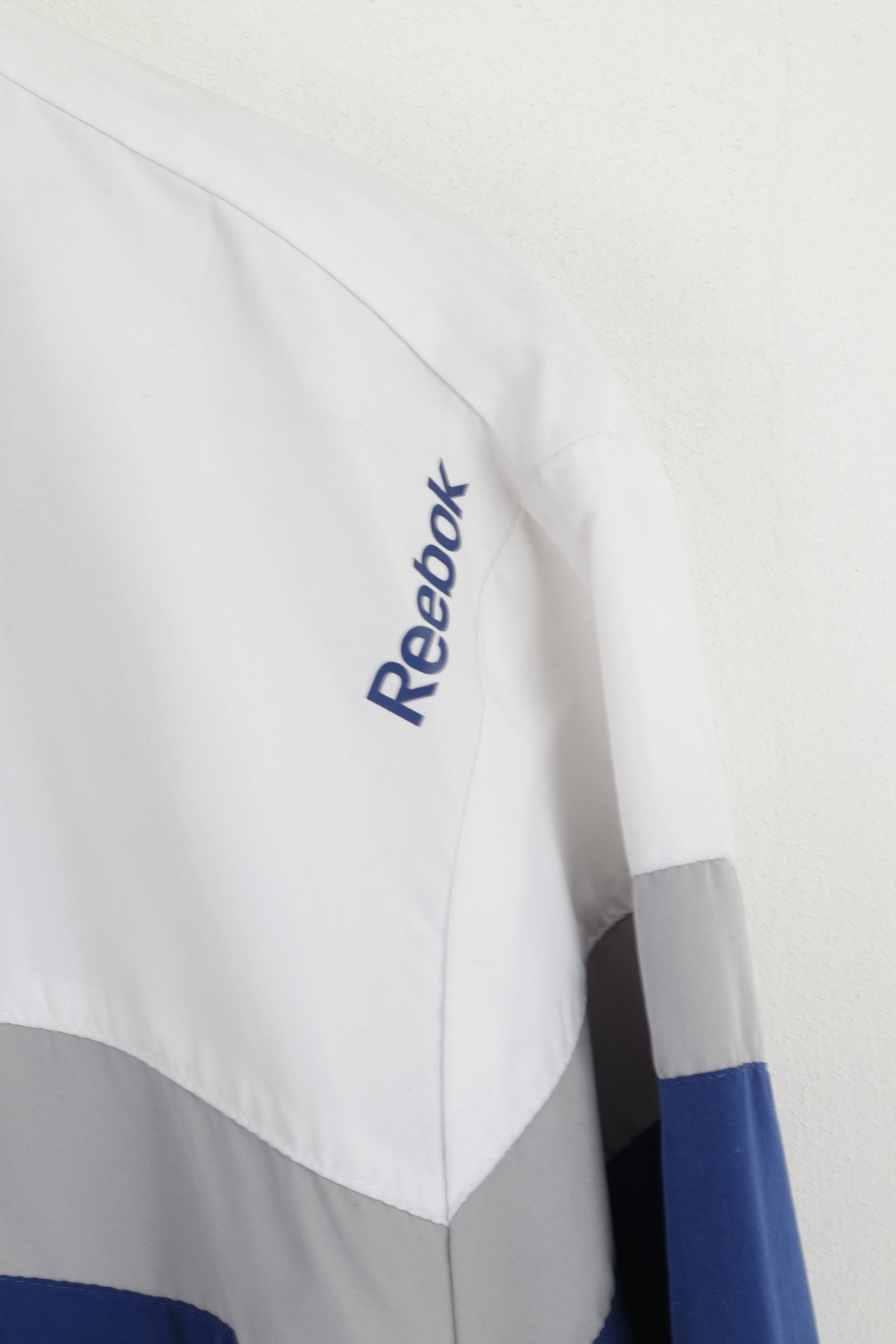 Reebok Men L Jacket White Blue Bomber Mesh Lined Zip Up Lightweight Active Sport Top
