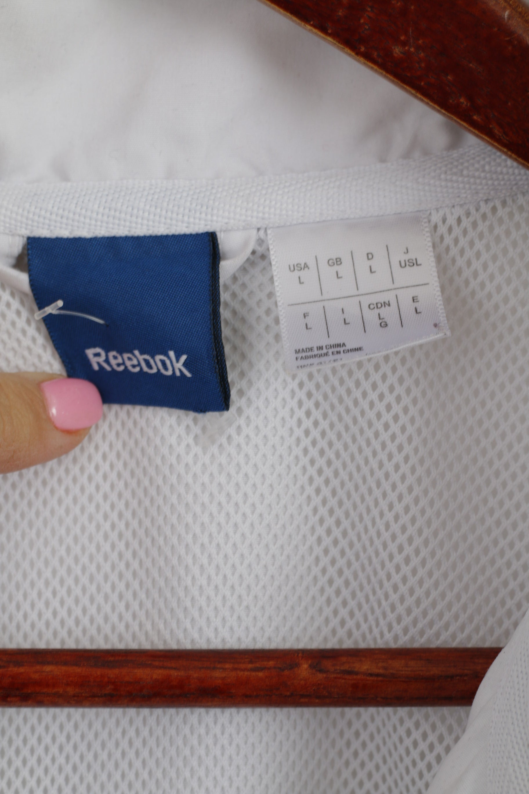 Reebok Men L Jacket White Blue Bomber Mesh Lined Zip Up Lightweight Active Sport Top