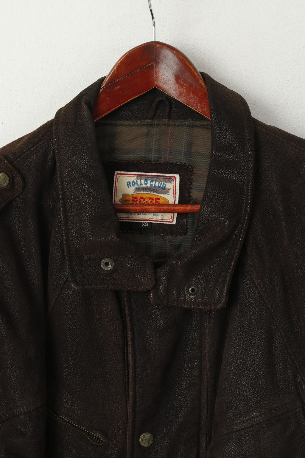 Rollo Club Hommes XS Veste Marron Cuir Brillant Vintage Biker Full Zipper Pilot Oklahoma Top