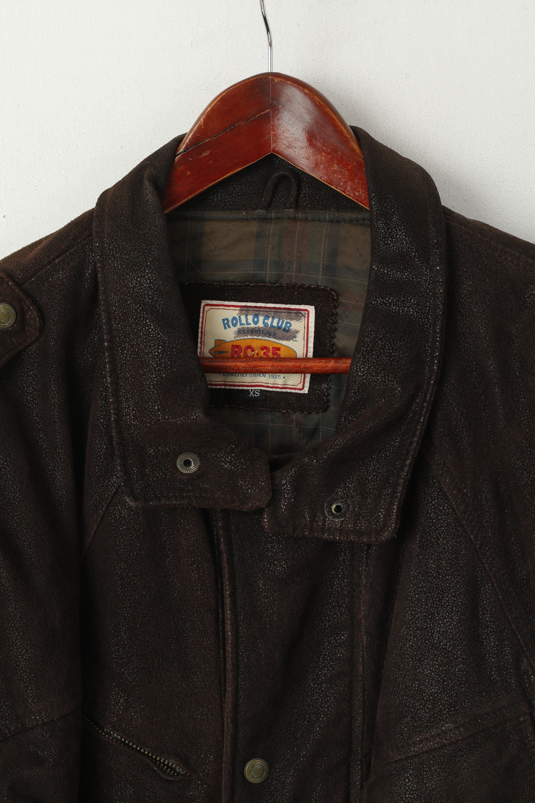 Rollo Club Hommes XS Veste Marron Cuir Brillant Vintage Biker Full Zipper Pilot Oklahoma Top