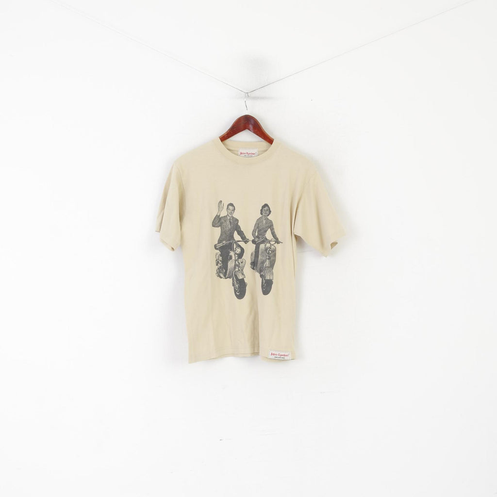 Johnie Lyonheart Chemise Homme Beige Coton Graphique Vintage Moto Col Rond Haut