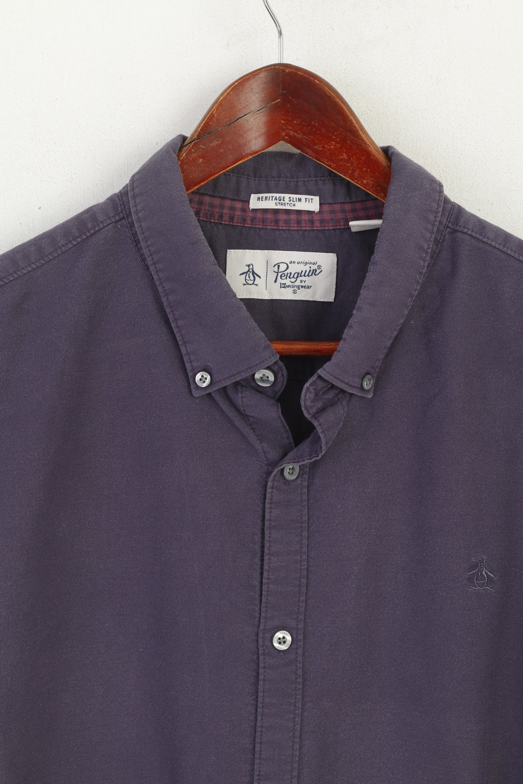 Penguin Men XXL Casual Shirt Purple Cotton Slim Fit Stretch Long Sleeve Top