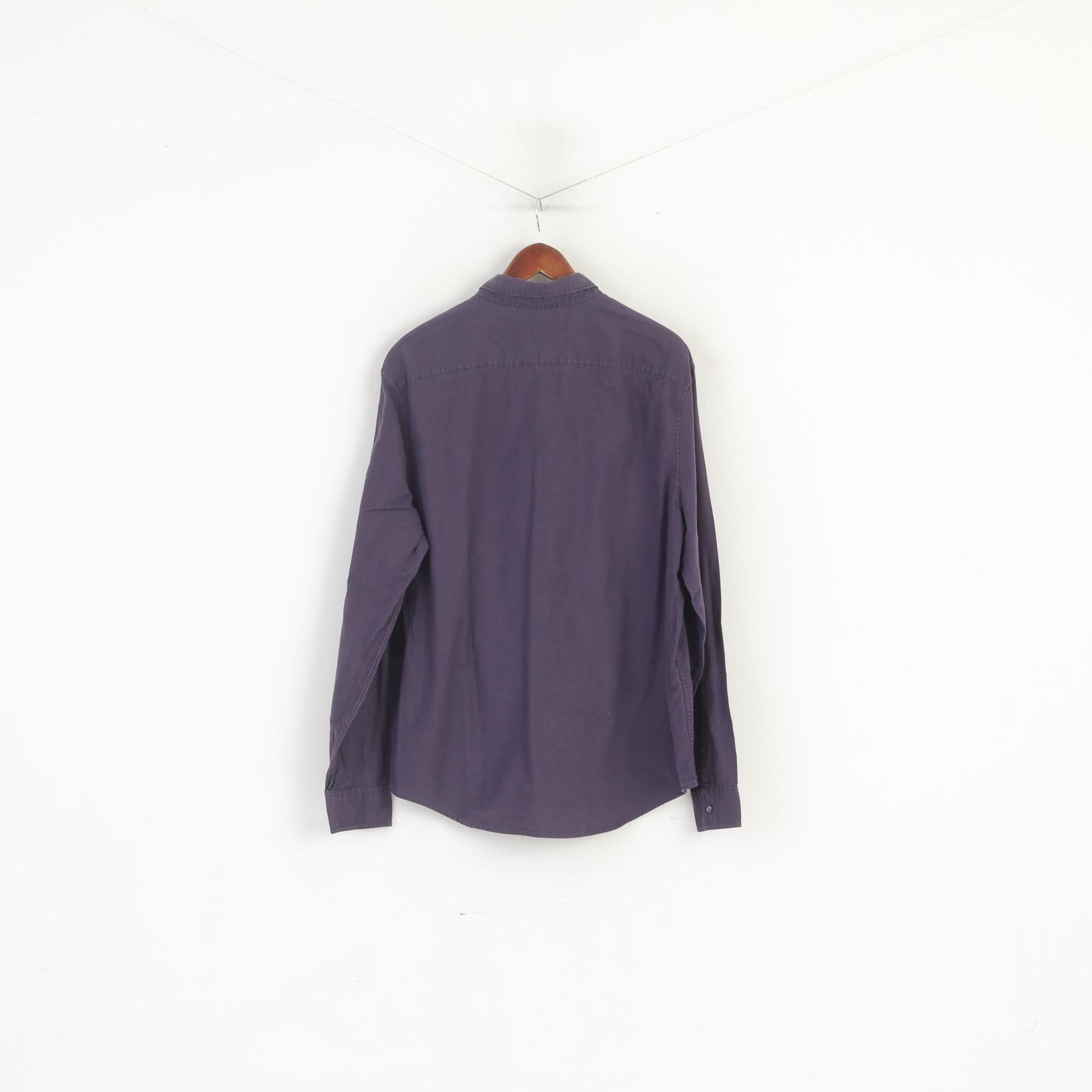 Penguin Men XXL Casual Shirt Purple Cotton Slim Fit Stretch Long Sleeve Top