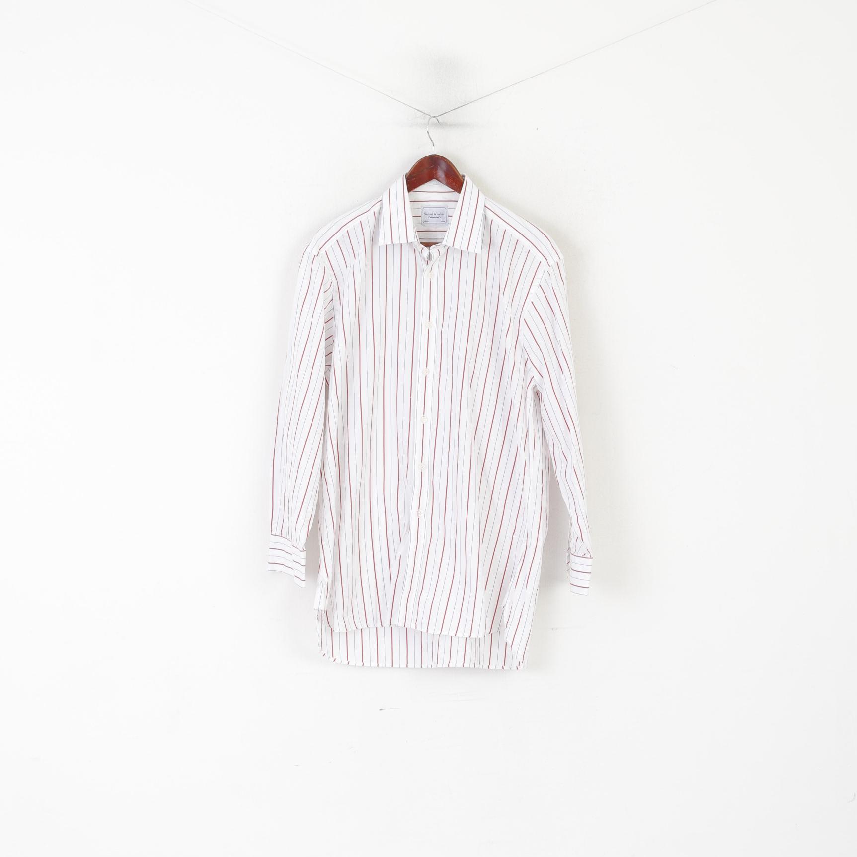 Samuel Windsor Men 16.5 42 XL Casual Shirt White Cotton Striped Long Sleeve Top