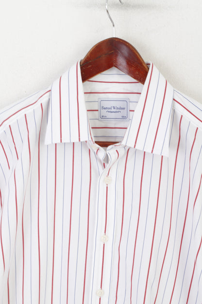 Samuel Windsor Men 16.5 42 XL Casual Shirt White Cotton Striped Long Sleeve Top