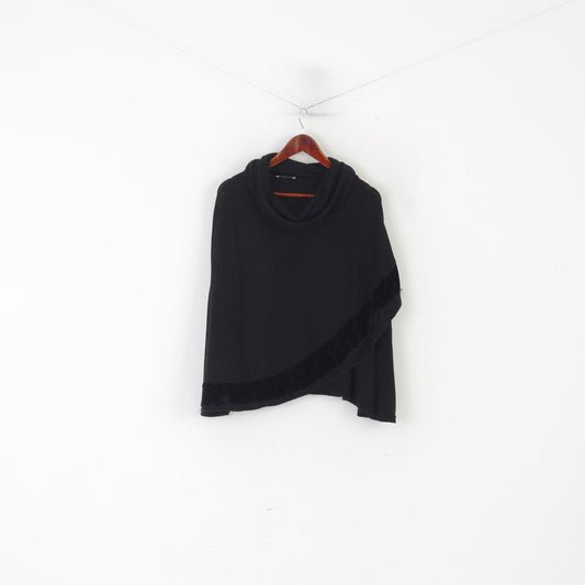 Poncho da donna di manifattura italiana in cotone nero con collo a imbuto e morbido maglione a mantella