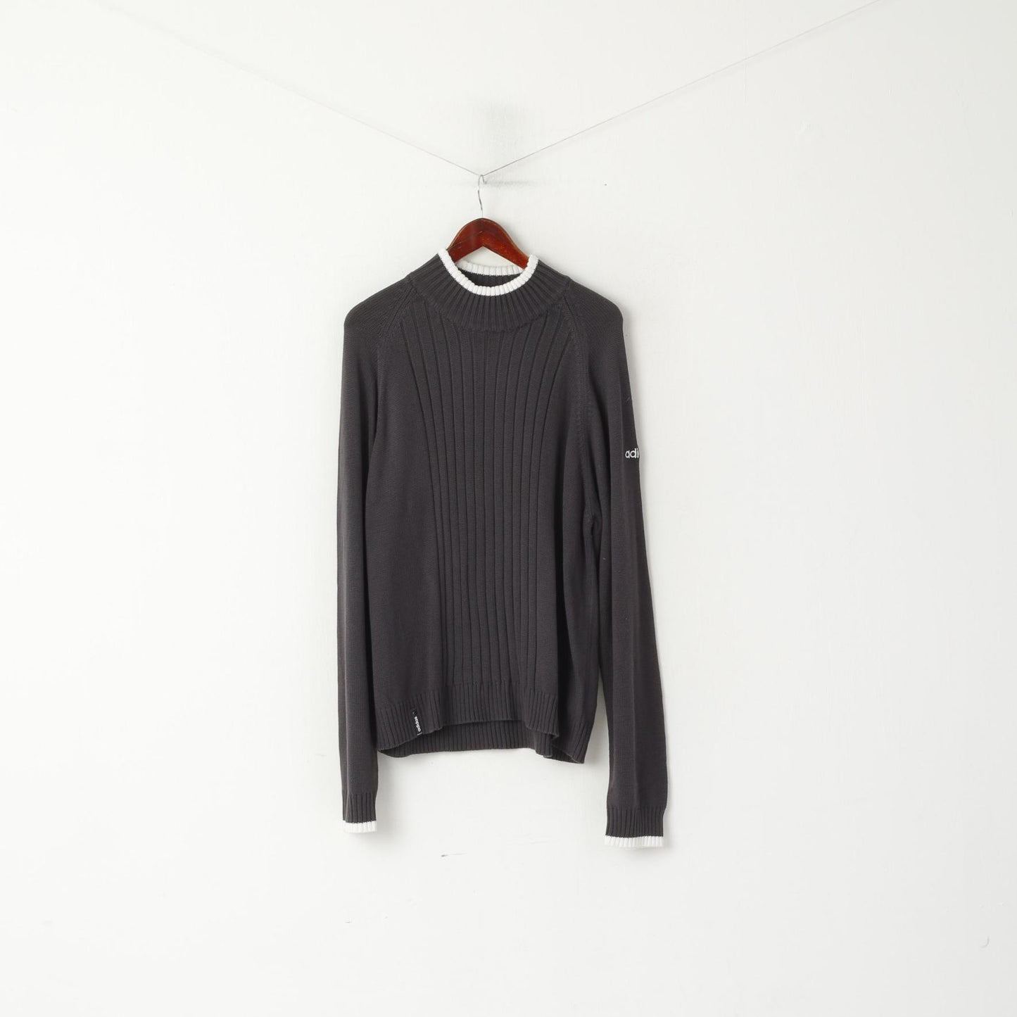 Maglione Adidas da uomo XL maglione con logo in maglia morbida di cotone elasticizzato grigio scuro