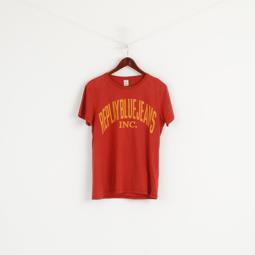 Replay Hommes M Chemise Orange Graphique Coton Ras Du Cou Bleu Jeans Haut D'été