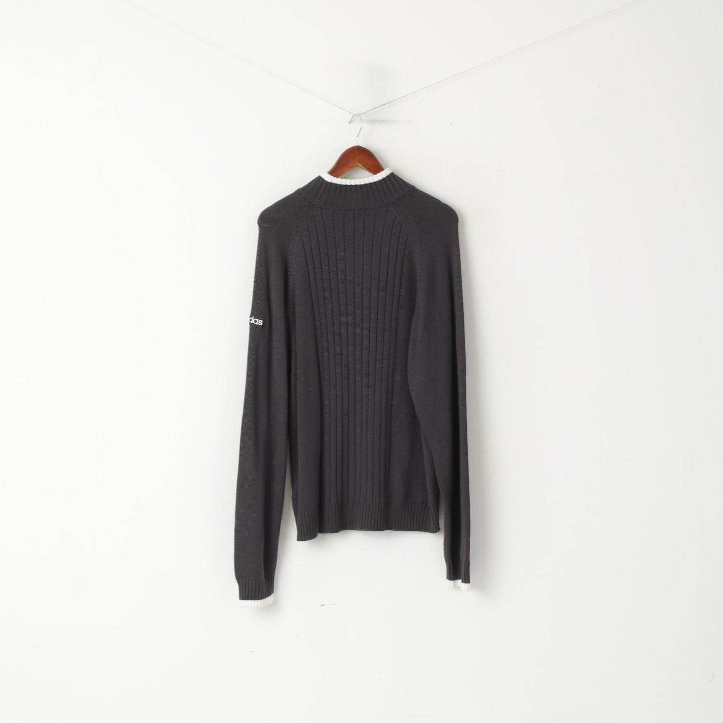 Adidas Men XL Jumper Navy Grey Cotton Stretch Soft Knitwear Logo Sweater