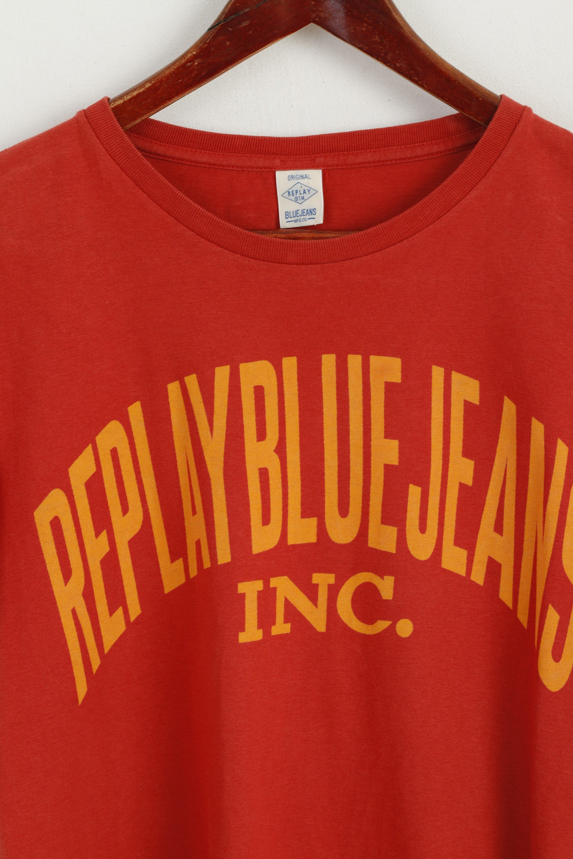 Replay Hommes M Chemise Orange Graphique Coton Ras Du Cou Bleu Jeans Haut D'été